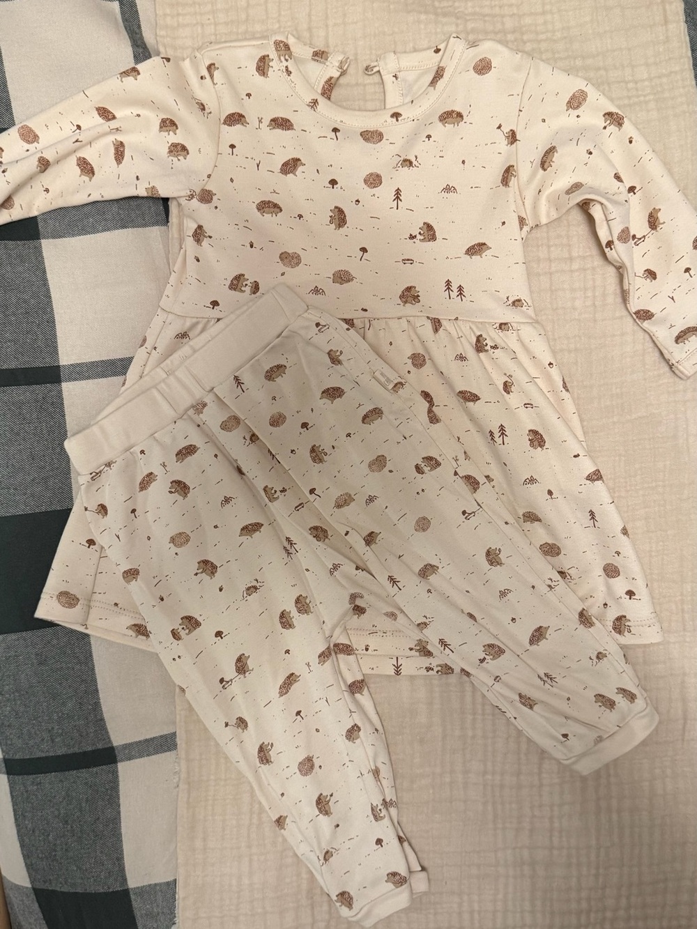 Cream Baby Dress & Leggings Set with Brown Hedgehog Print 6-12M
